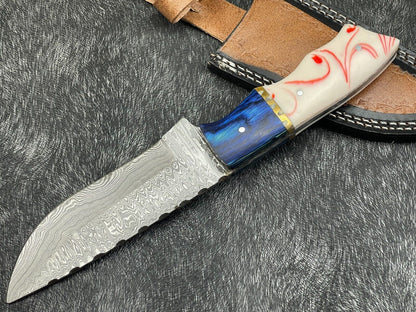 Heritage Forge 10 Inch Handmade Damascus Steel Bowie Knife with Resin and Hardwood Handle and Leather Sheath