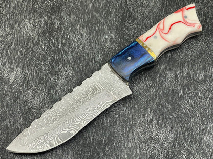 Heritage Forge 10 Inch Handmade Damascus Steel Bowie Knife with Resin and Hardwood Handle and Leather Sheath