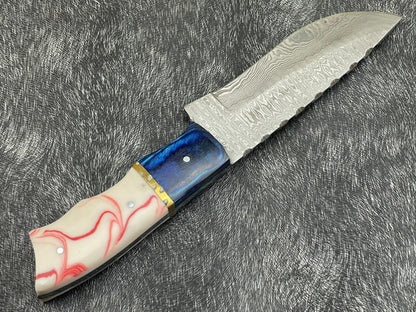 Heritage Forge 10 Inch Handmade Damascus Steel Bowie Knife with Resin and Hardwood Handle and Leather Sheath