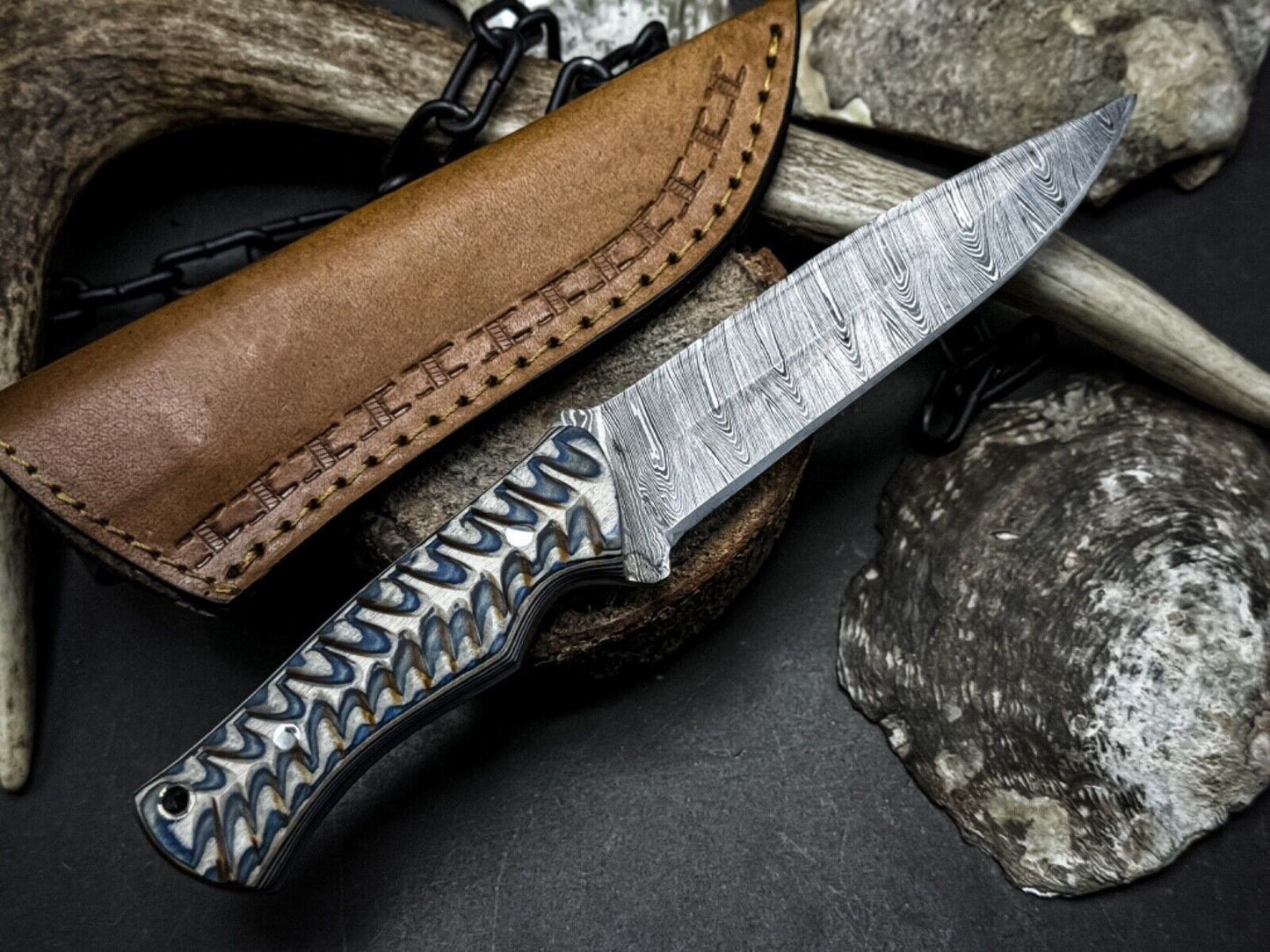 Handmade Damascus Steel Hunting Survival Knife with Wood Handle & Leather Sheath