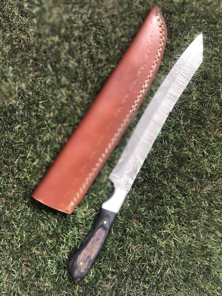 13" Handmade Damascus Steel Chef & Hunting Fillet Knife with Leather Sheath