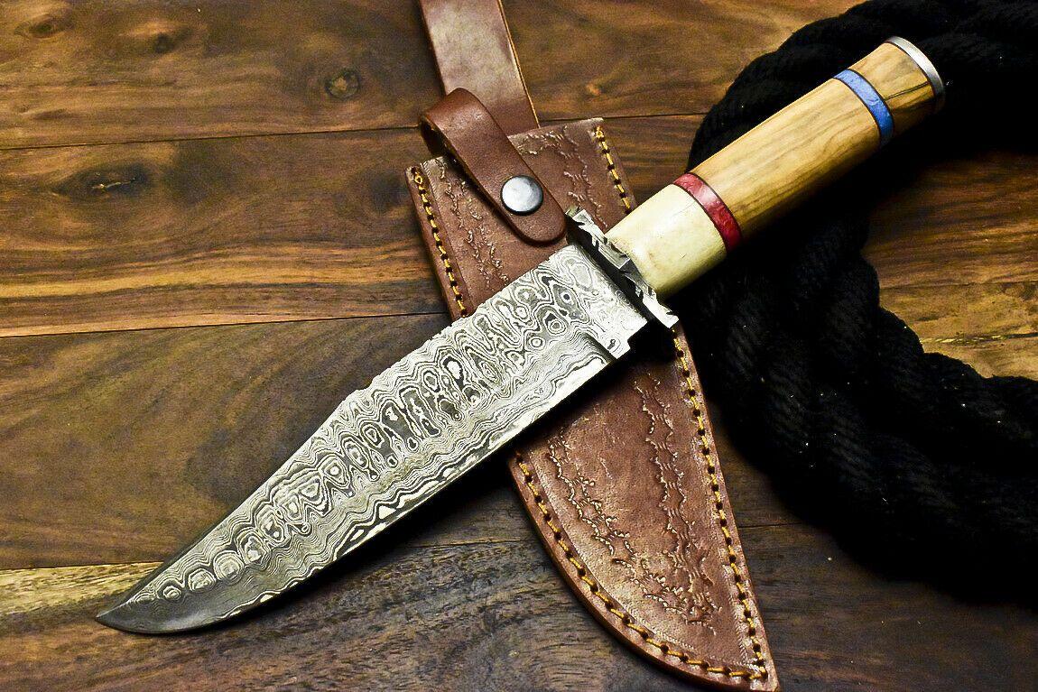 Handmade Damascus Bowie Knife | Olive Wood Handle 12.5" Hunting Blade