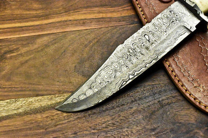 Handmade Damascus Bowie Knife | Olive Wood Handle 12.5" Hunting Blade