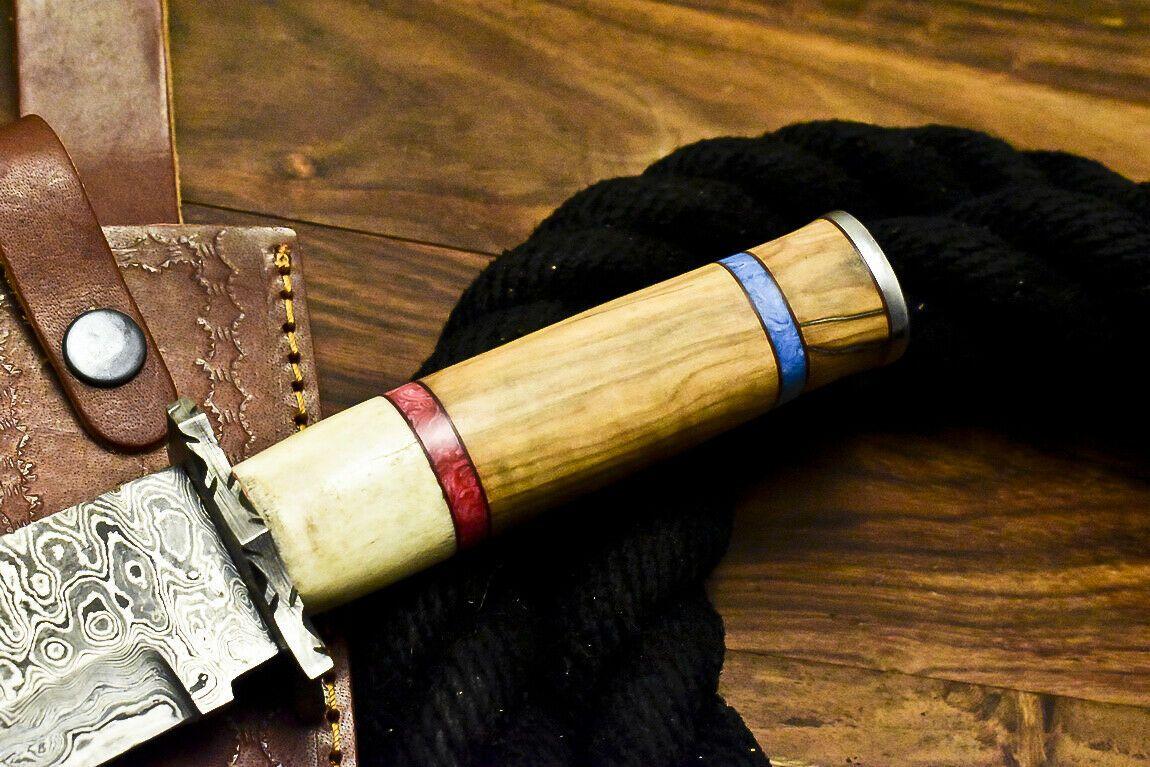 Handmade Damascus Bowie Knife | Olive Wood Handle 12.5" Hunting Blade