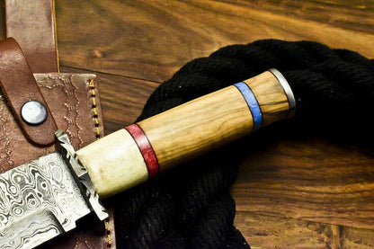 Handmade Damascus Bowie Knife | Olive Wood Handle 12.5" Hunting Blade