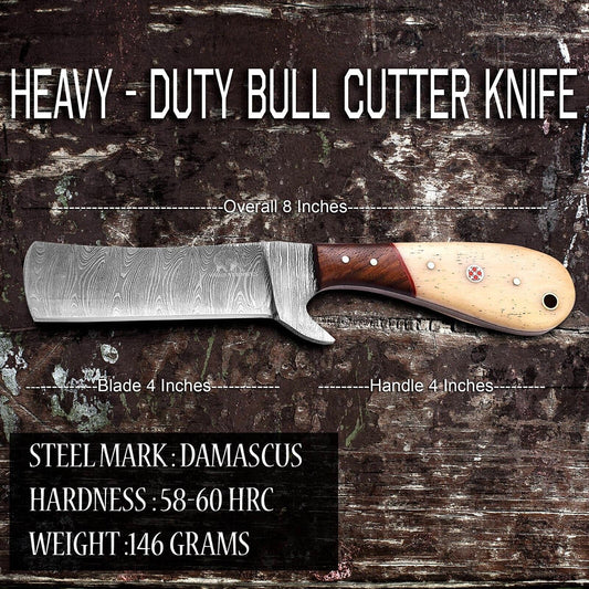 Damascus Steel Bull Cutter Knife Custom Handmade Hunting Bull Knife with Wood and Bone Handle