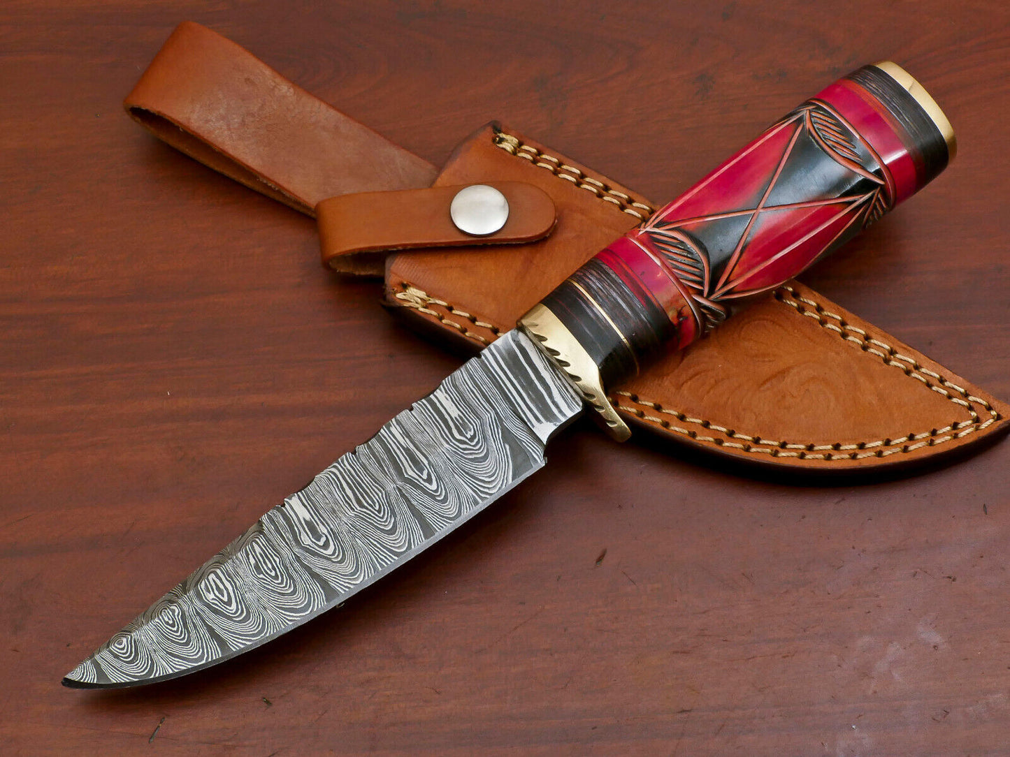 10" Handmade Damascus Steel Bowie Knife – Camel Bone & Pakka Wood Handle