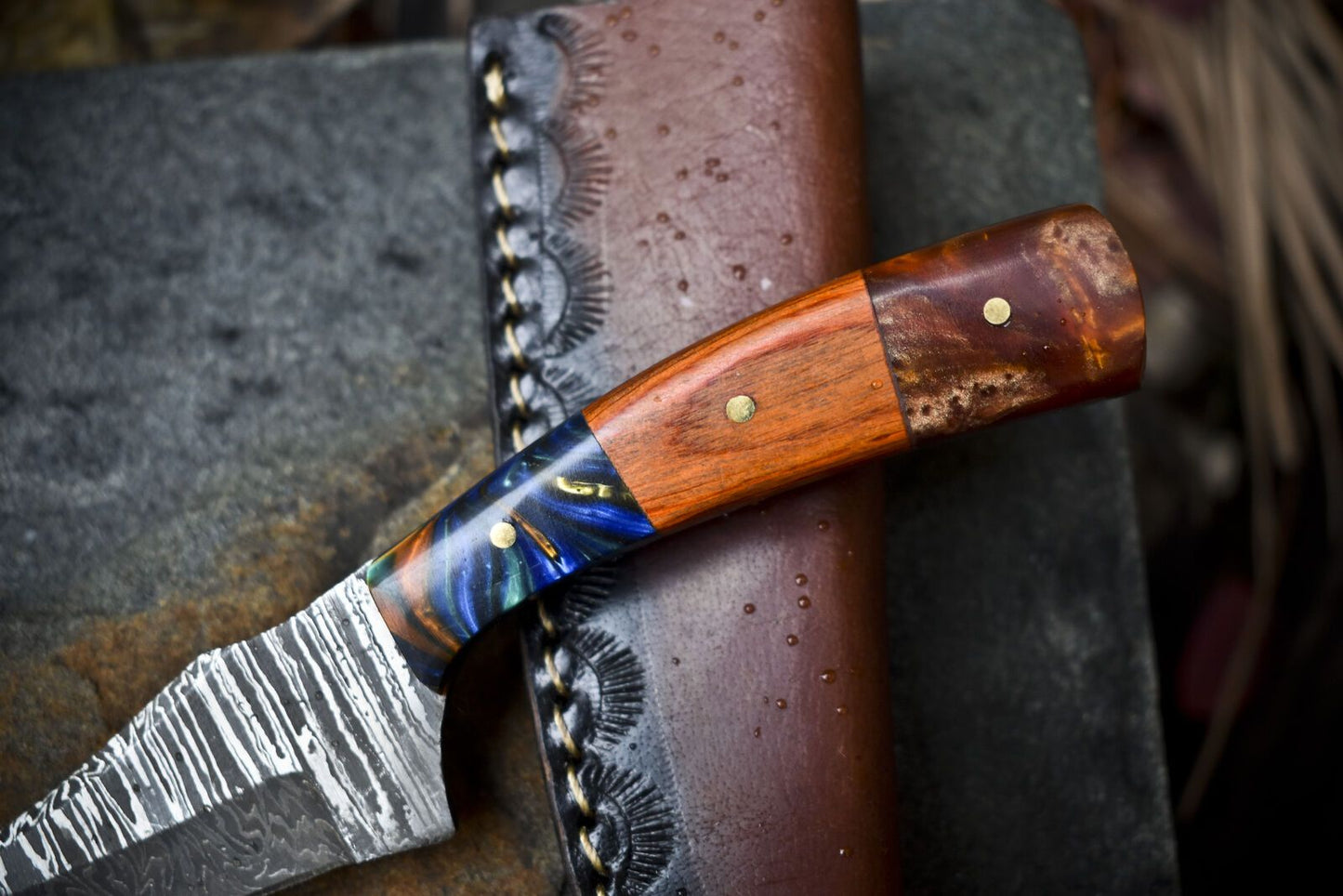 Custom Twist Damascus Skinner Knife Mixed Material EDC Knife 7" Handmade