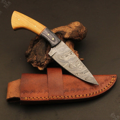 Heritage Forge 9" Ladder Damascus Steel Hunting Knife with Wood Handle