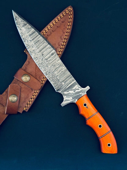 Fire Storm Damascus Steel Bowie Knife with Wood Handle for Hunting and Camping