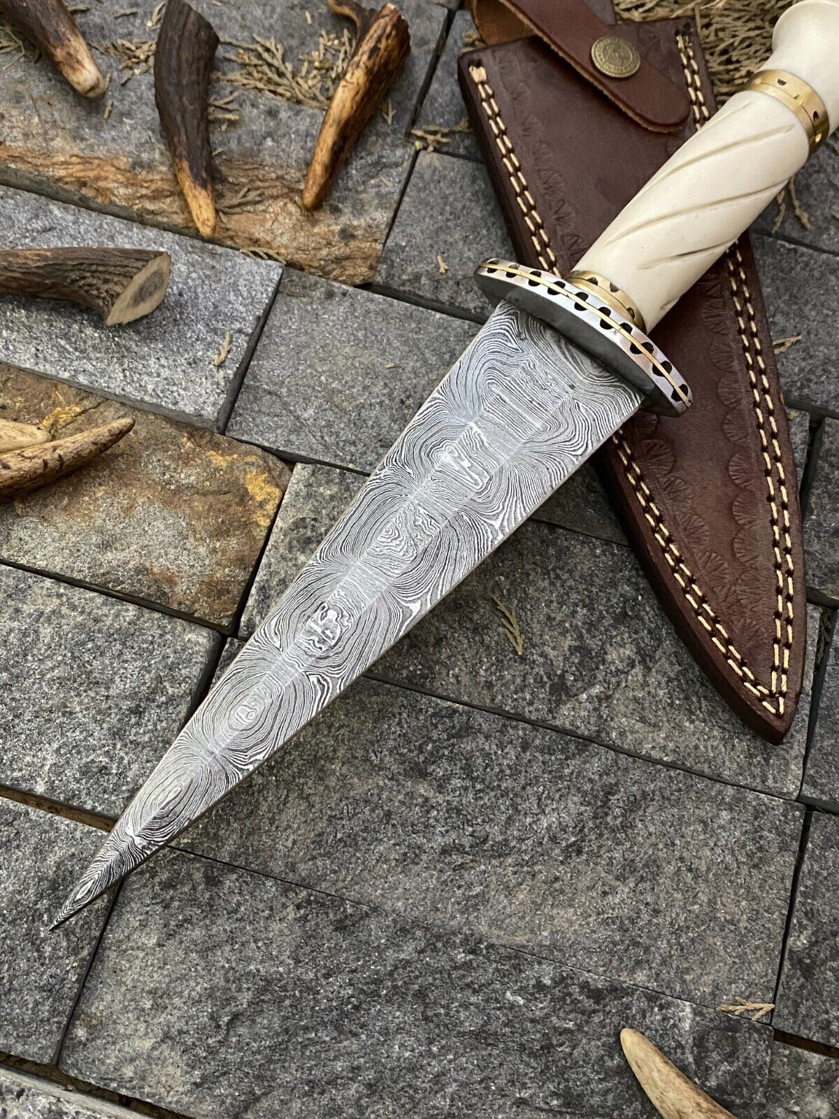 12" Custom Damascus Dagger Bowie Knife | Resin Handle + Sheath