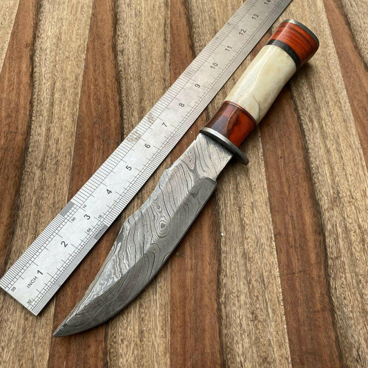 13" Handmade Damascus Bowie Knife Damascus Steel Knife with Leather Sheath