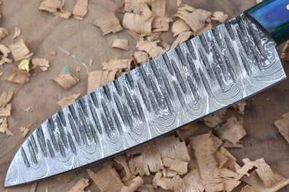 Handmade Forged Damascus Steel Kitchen Chef Knife – Blue & Green Dollar Thappa Handle
