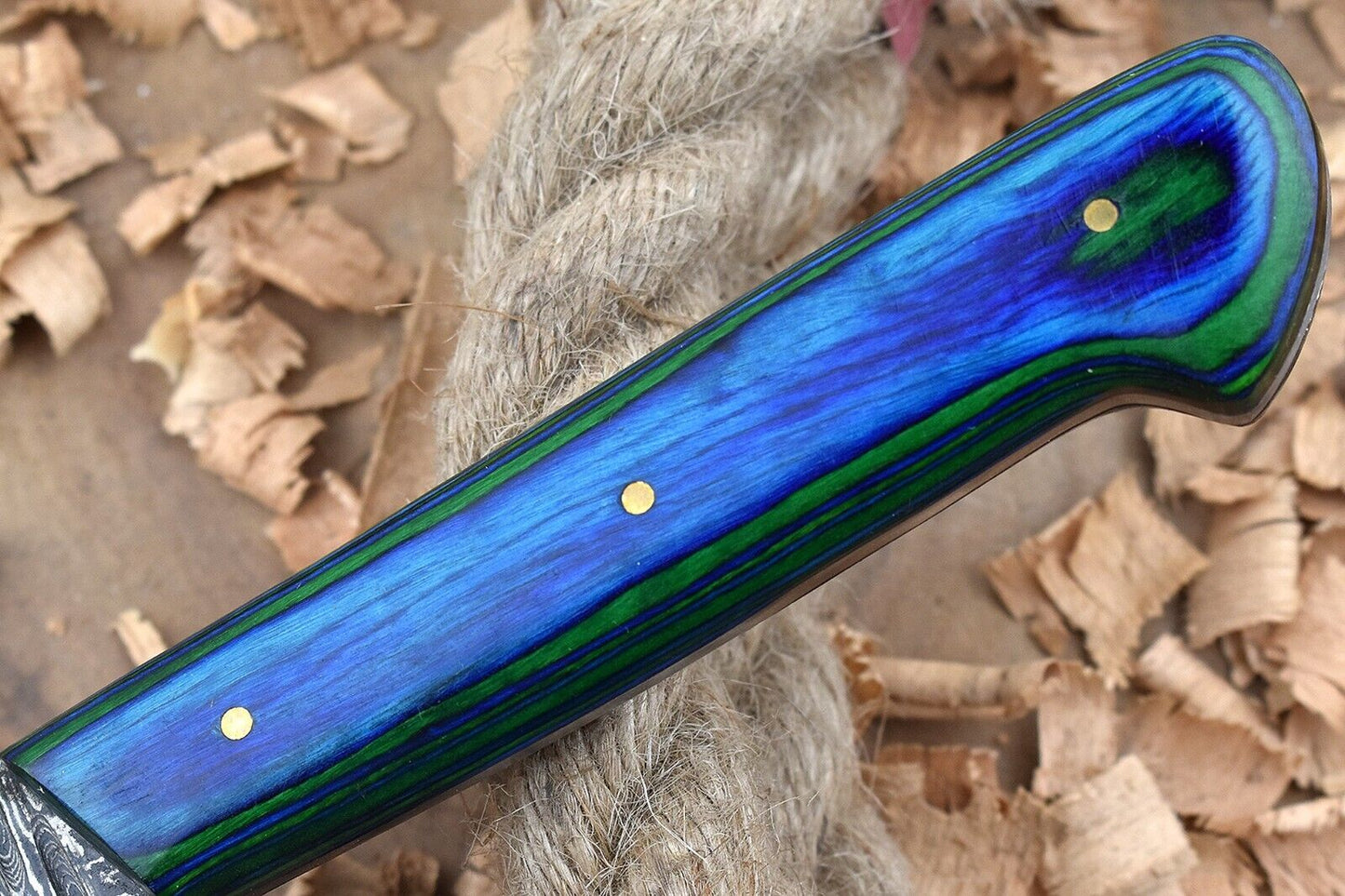 Handmade Forged Damascus Steel Kitchen Chef Knife – Blue & Green Dollar Thappa Handle