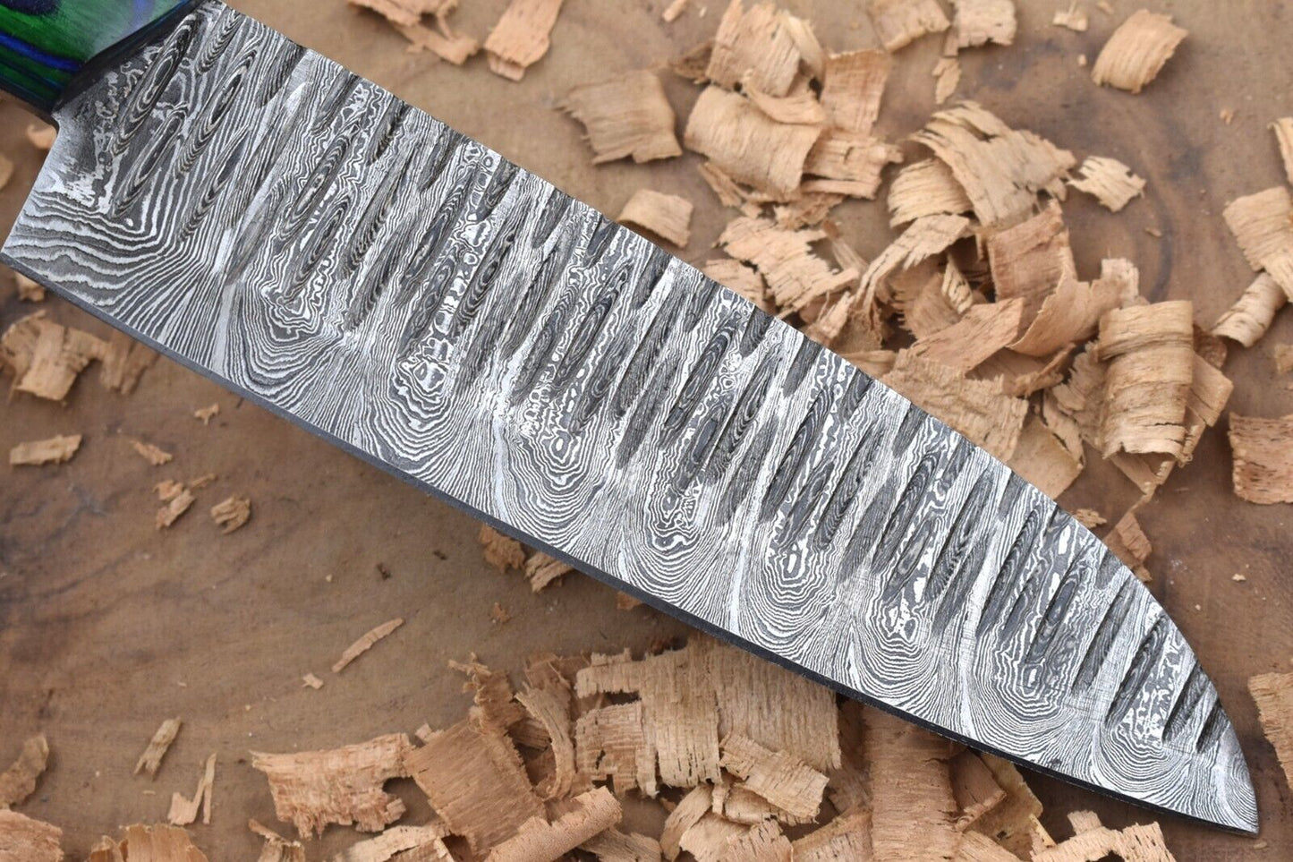 Handmade Forged Damascus Steel Kitchen Chef Knife – Blue & Green Dollar Thappa Handle