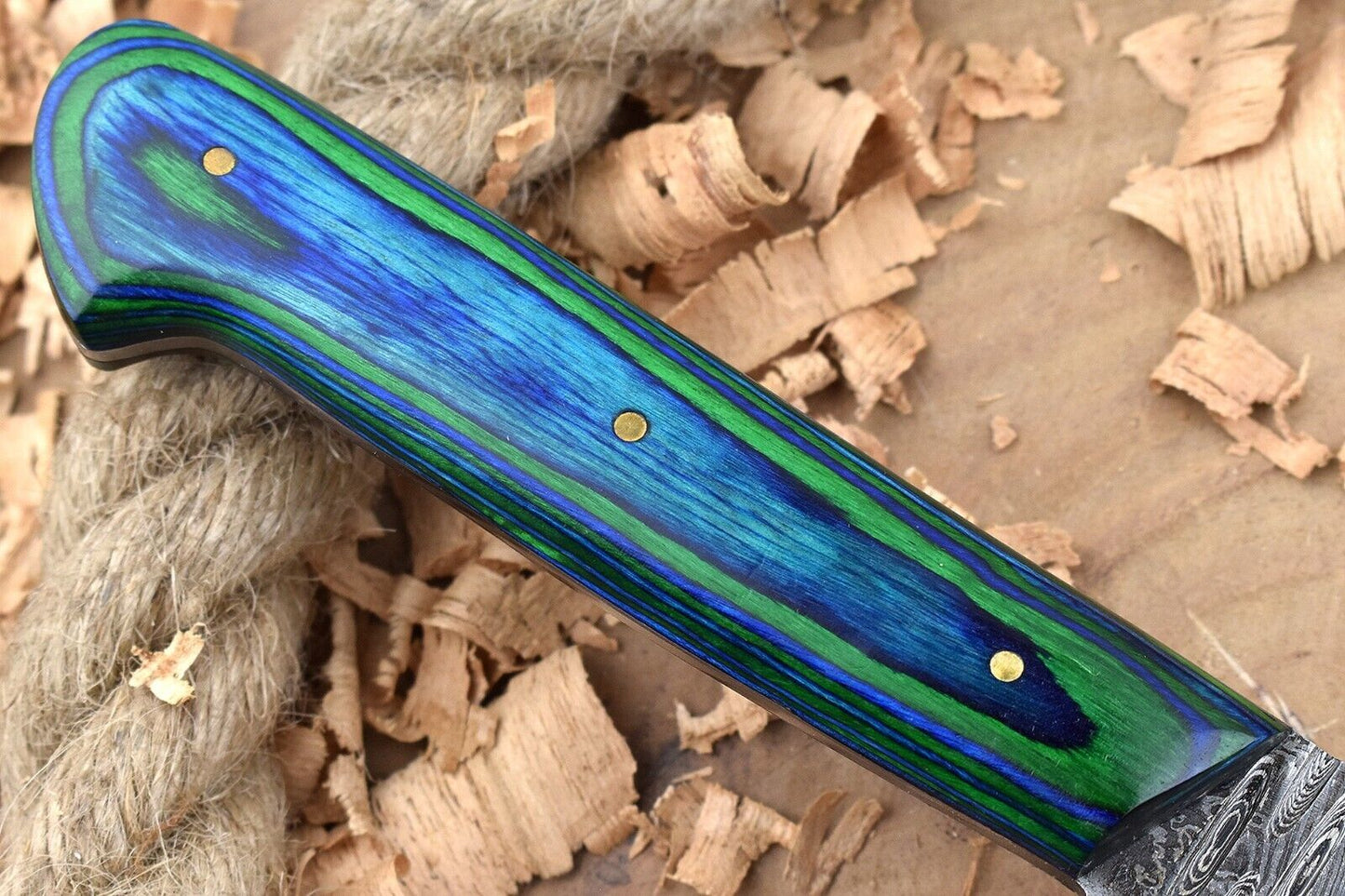 Handmade Forged Damascus Steel Kitchen Chef Knife – Blue & Green Dollar Thappa Handle