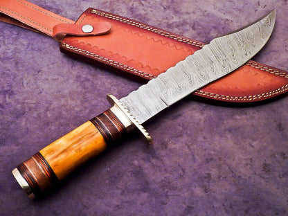 Heritage Forge 16 Inch Damascus Steel Bowie Knife with Camel Bone and Hardwood Handle