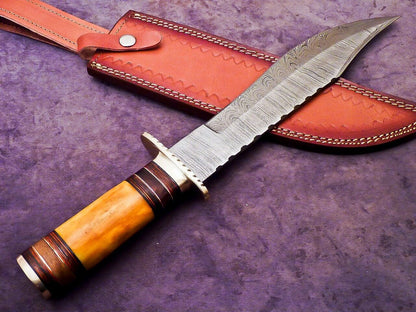 Heritage Forge 16 Inch Damascus Steel Bowie Knife with Camel Bone and Hardwood Handle