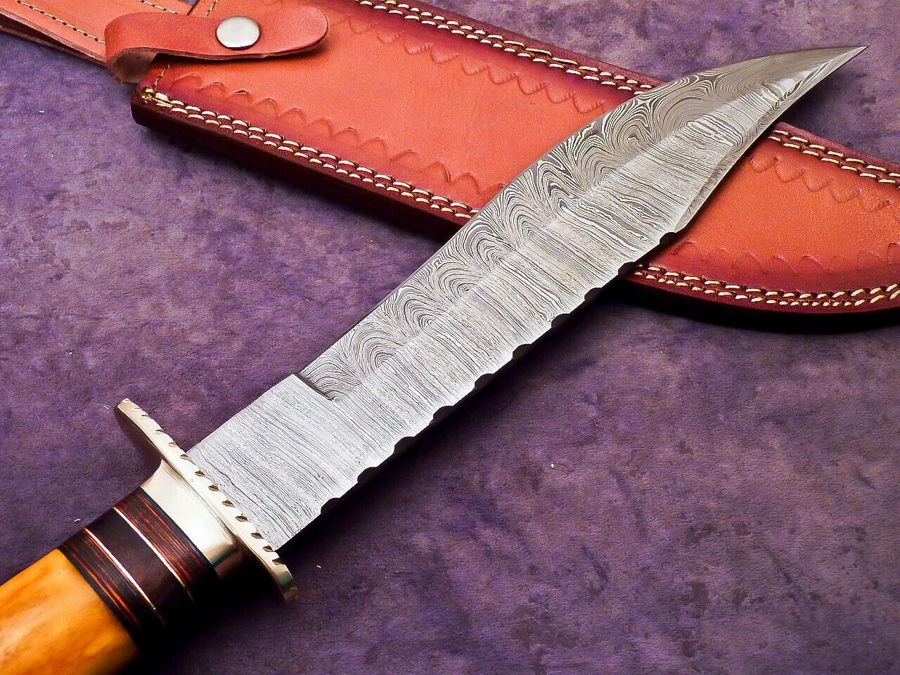 Heritage Forge 16 Inch Damascus Steel Bowie Knife with Camel Bone and Hardwood Handle