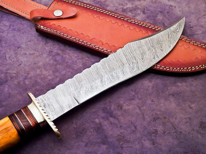 Heritage Forge 16 Inch Damascus Steel Bowie Knife with Camel Bone and Hardwood Handle