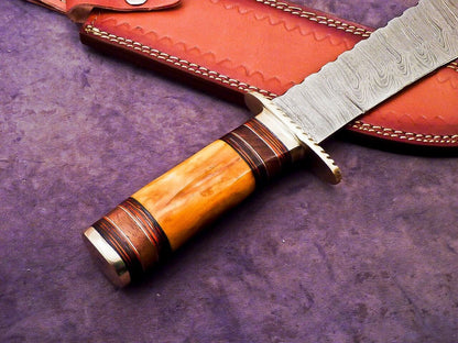 Heritage Forge 16 Inch Damascus Steel Bowie Knife with Camel Bone and Hardwood Handle