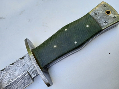Heritage Forge 10.5 Inch Damascus Steel Bowie Knife with Micarta Handle Full Tang + Leather Sheath