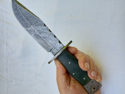 Heritage Forge 10.5 Inch Damascus Steel Bowie Knife with Micarta Handle Full Tang + Leather Sheath