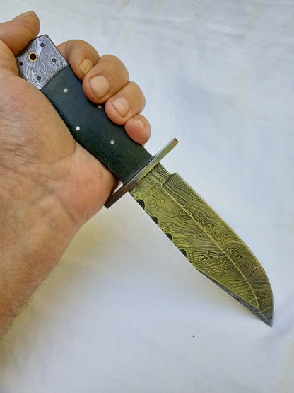 Heritage Forge 10.5 Inch Damascus Steel Bowie Knife with Micarta Handle Full Tang + Leather Sheath