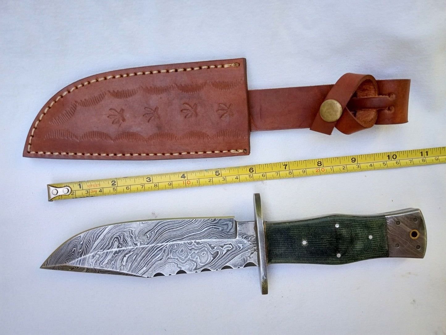 Heritage Forge 10.5 Inch Damascus Steel Bowie Knife with Micarta Handle Full Tang + Leather Sheath