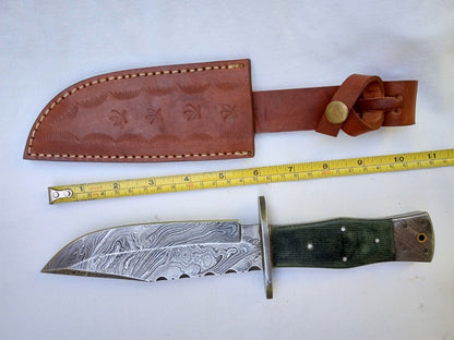 Heritage Forge 10.5 Inch Damascus Steel Bowie Knife with Micarta Handle Full Tang + Leather Sheath