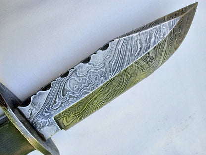 Heritage Forge 10.5 Inch Damascus Steel Bowie Knife with Micarta Handle Full Tang + Leather Sheath