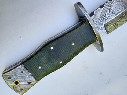 Heritage Forge 10.5 Inch Damascus Steel Bowie Knife with Micarta Handle Full Tang + Leather Sheath