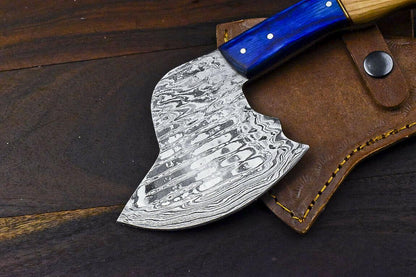 Custom Rare Handmade Damascus Axe Olive Wood Handle Damascus Steel Axe Clever Chopper Knife with Leather Sheath