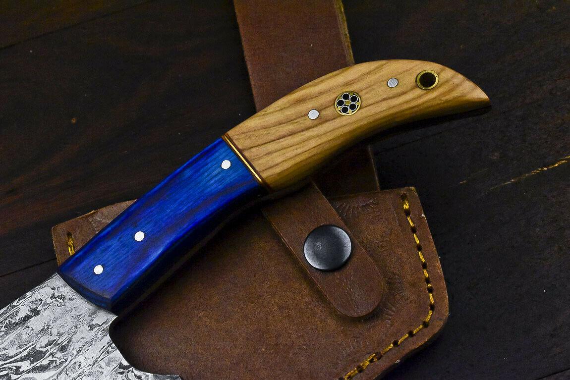Custom Rare Handmade Damascus Axe Olive Wood Handle Damascus Steel Axe Clever Chopper Knife with Leather Sheath