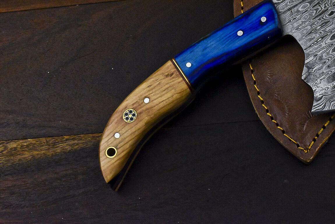 Custom Rare Handmade Damascus Axe Olive Wood Handle Damascus Steel Axe Clever Chopper Knife with Leather Sheath
