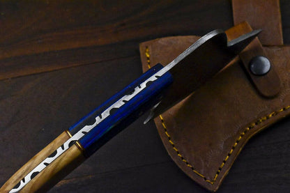 Custom Rare Handmade Damascus Axe Olive Wood Handle Damascus Steel Axe Clever Chopper Knife with Leather Sheath