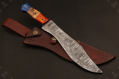13.5 Inch Custom Handmade Damascus Hunting Knife with Wood Handle by Heritage Forge