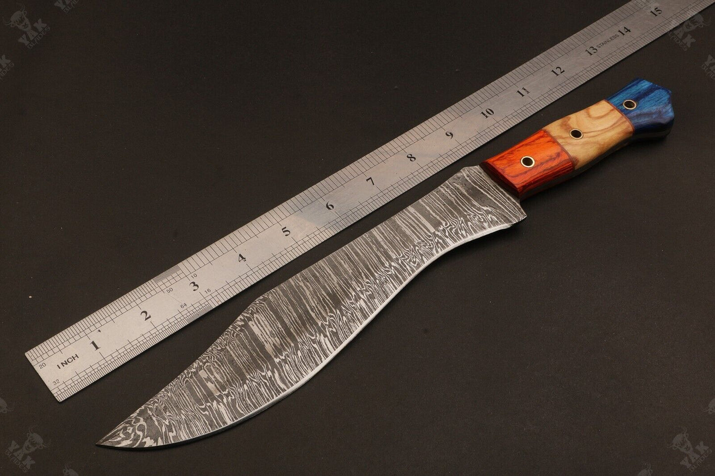 13.5 Inch Custom Handmade Damascus Hunting Knife with Wood Handle by Heritage Forge