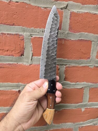 Handmade Damascus Steel Chef Knife – 12" Kitchen Knife with Olive, Rose Wood & Bull Horn Handle