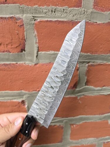 Handmade Damascus Steel Chef Knife – 12" Kitchen Knife with Olive, Rose Wood & Bull Horn Handle