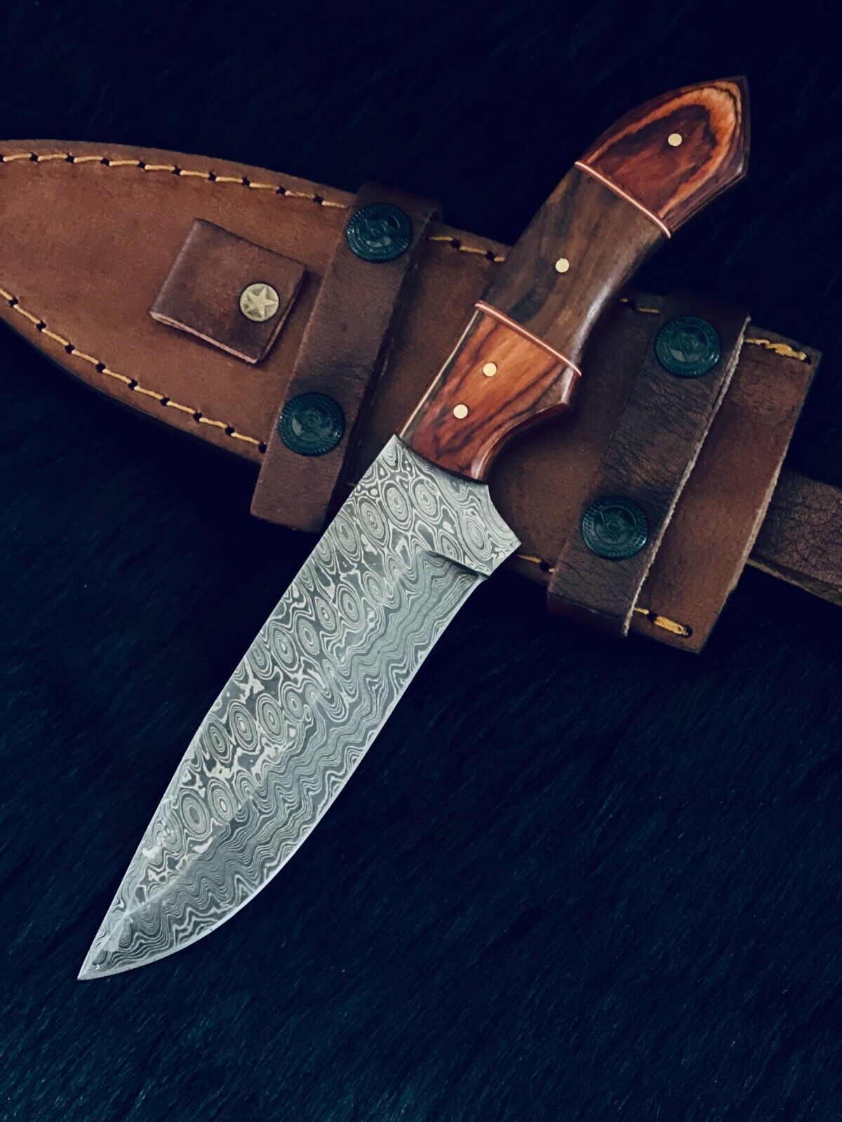 10" Rain Drop Damascus Steel Bowie Knife – Camel Bone & Wood Handle