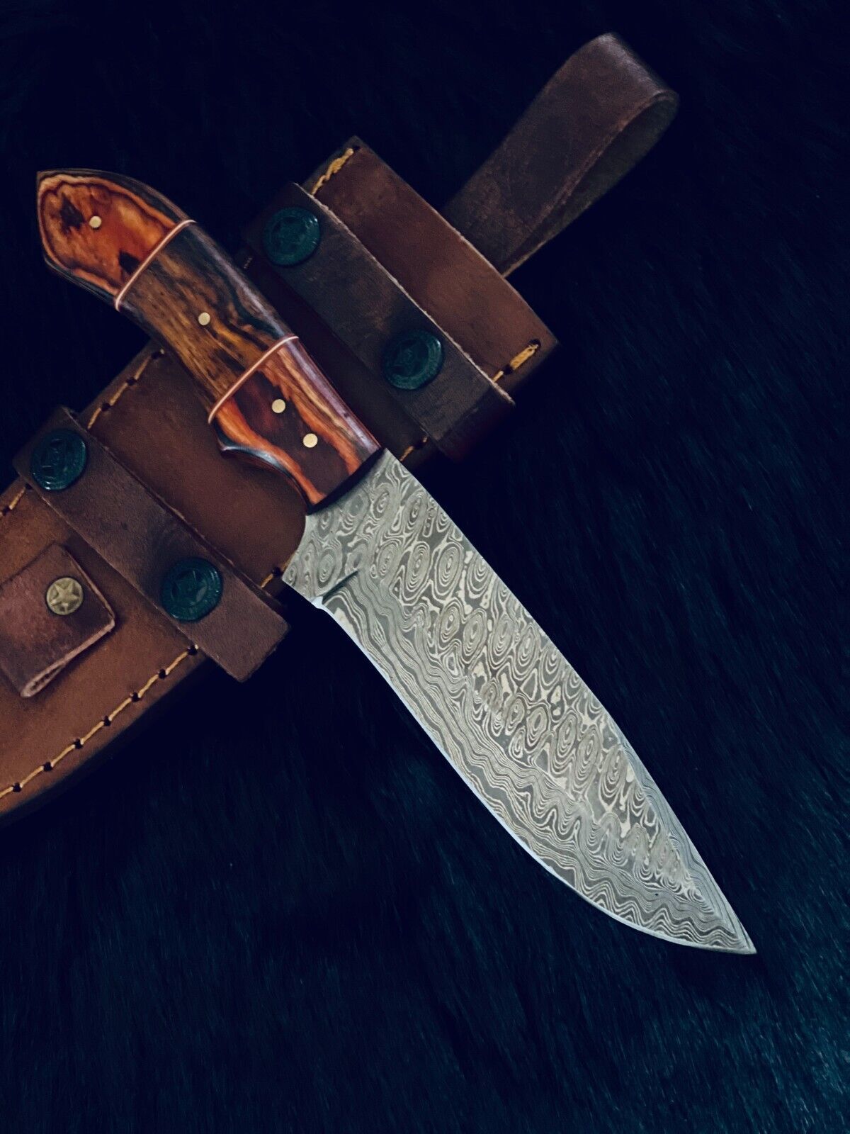 10" Rain Drop Damascus Steel Bowie Knife – Camel Bone & Wood Handle