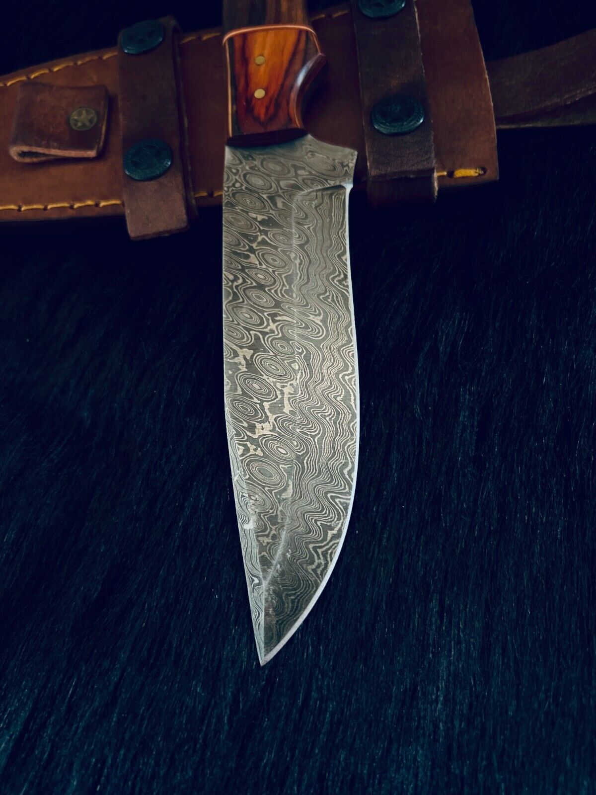 10" Rain Drop Damascus Steel Bowie Knife – Camel Bone & Wood Handle