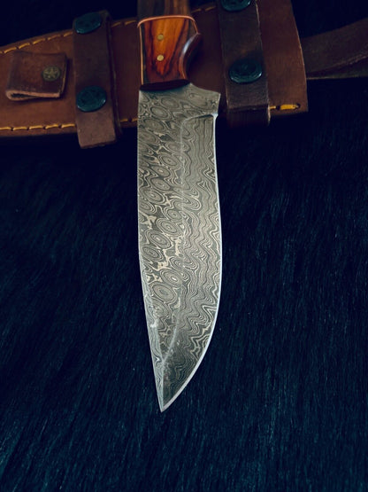 10" Rain Drop Damascus Steel Bowie Knife – Camel Bone & Wood Handle