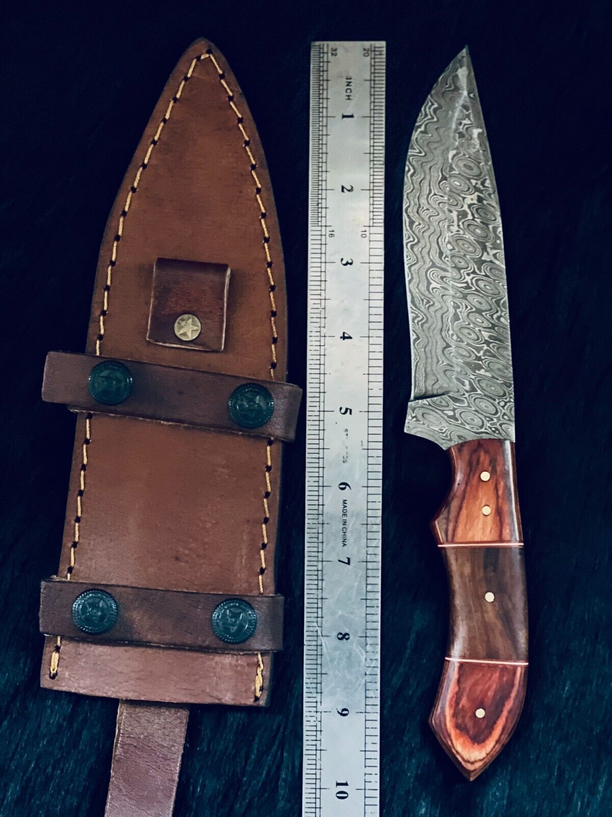 10" Rain Drop Damascus Steel Bowie Knife – Camel Bone & Wood Handle