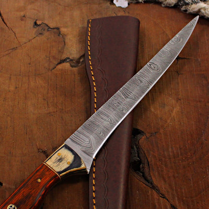 14" Handmade Fillet Knife Custom Damascus Steel Chef & Fishing Knife with Wood Handle