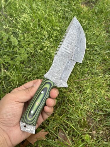 10" Handmade Damascus Steel Military Hunting Tracker Knife – Full Tang Fixed Blade Survival EDC with Micarta Handle & Leather Sheath