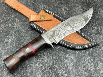 12 Inch Custom Handmade Damascus Bowie Knife with Hardwood Handle and Leather Sheath