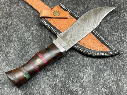 12 Inch Custom Handmade Damascus Bowie Knife with Hardwood Handle and Leather Sheath