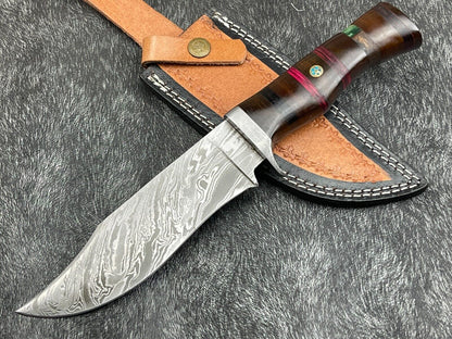 12 Inch Custom Handmade Damascus Bowie Knife with Hardwood Handle and Leather Sheath